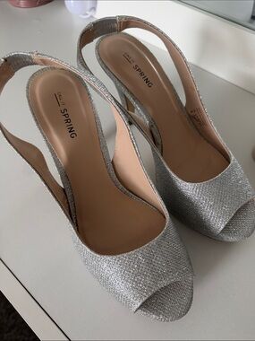 Call It Spring Glitter Silver Slingback Peep-Toe Heels
